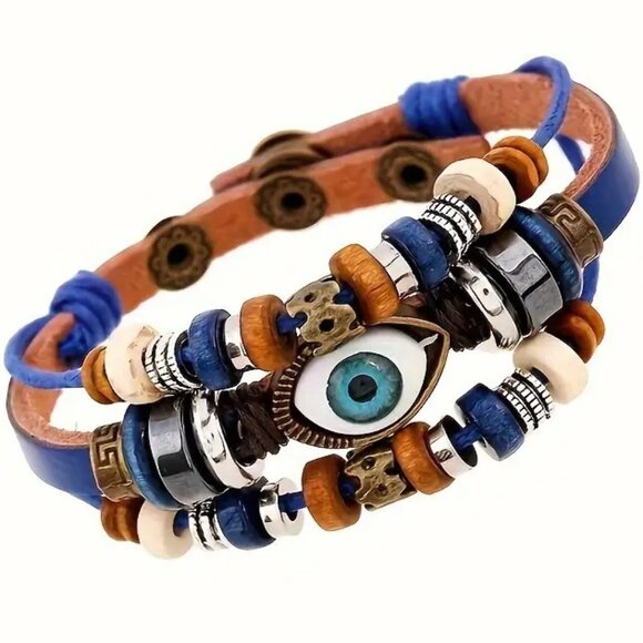 Leather Bracelet Cuff Bangle Layered Boho Beads Thrid Eye Evil Luck Hippie evil - Picture 1 of 2